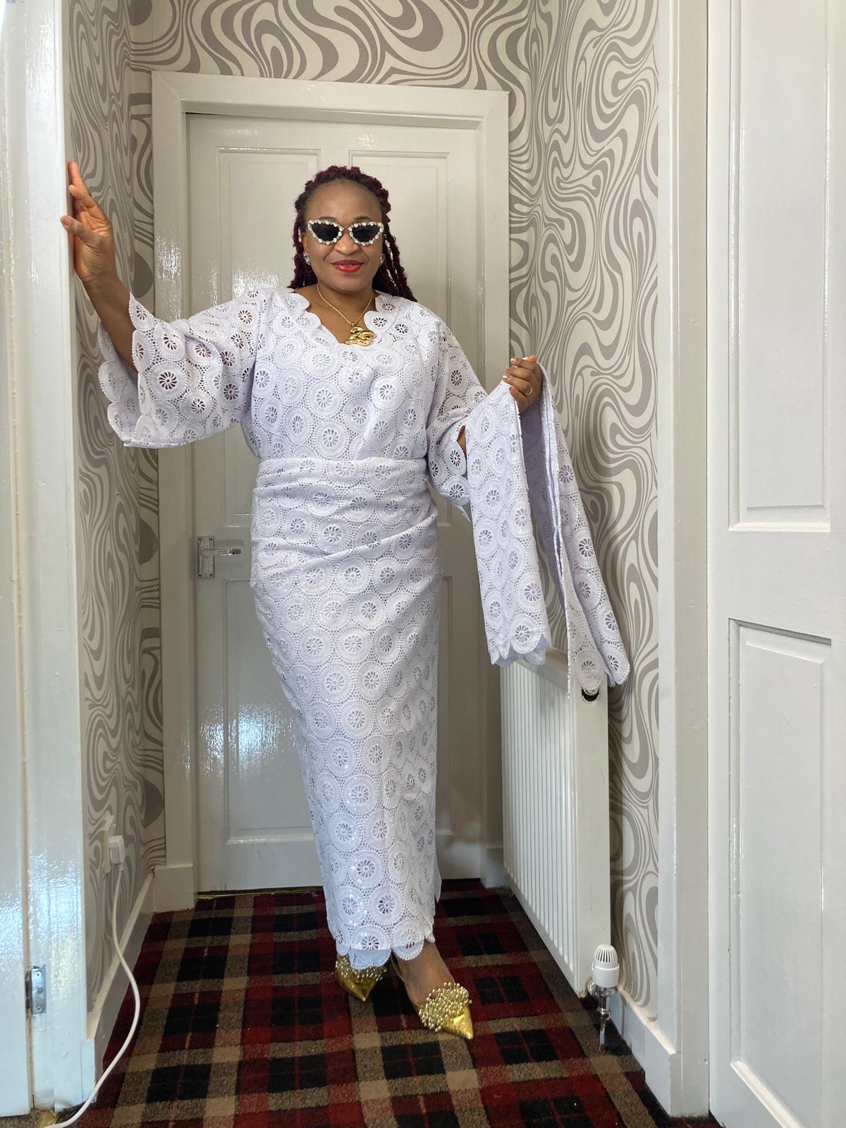 White Cord Lace Iro And Buba V-Neck