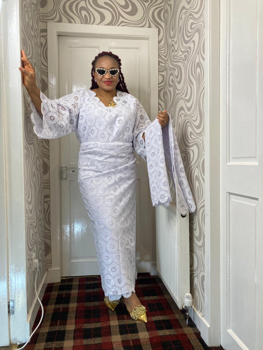 White Cord Lace Iro And Buba V-Neck