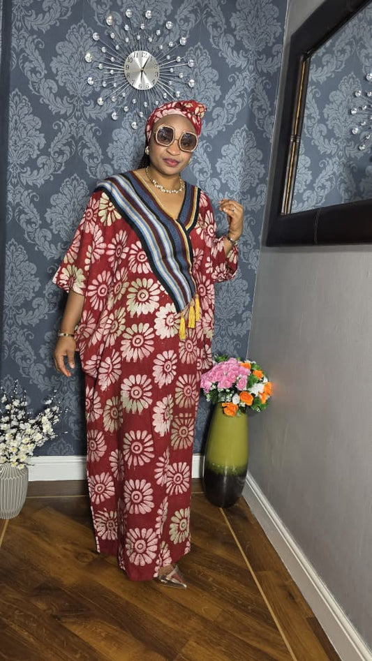 Long Adire Gown With Aso Oke
