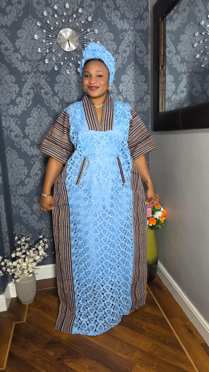 Long Lace Gown With Aso Oke