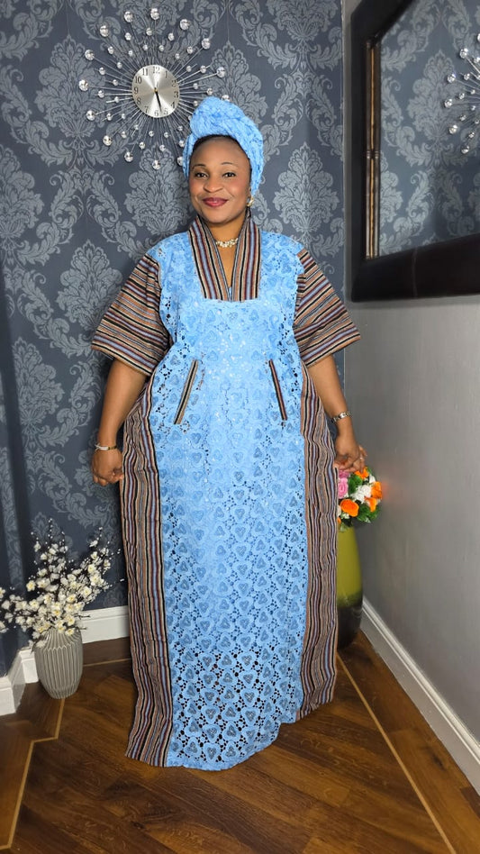 Long Lace Gown With Aso Oke