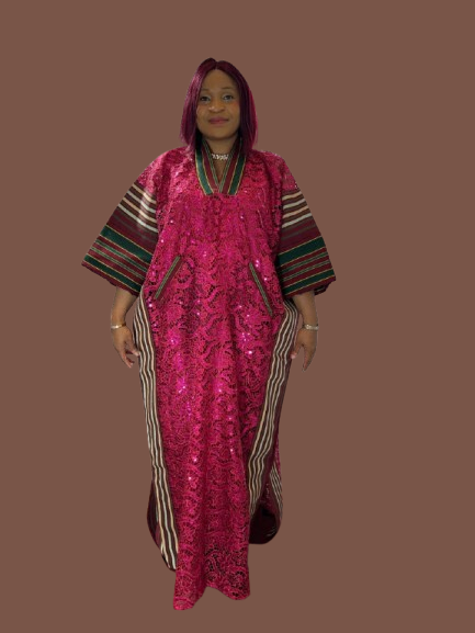 Long Lace Gown With Aso Oke