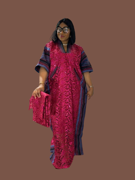 Long Lace Gown With Aso Oke