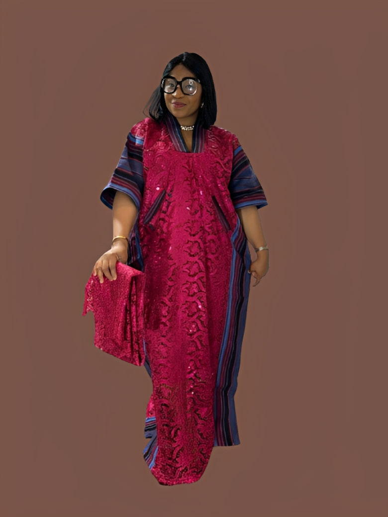Long Lace Gown With Aso Oke