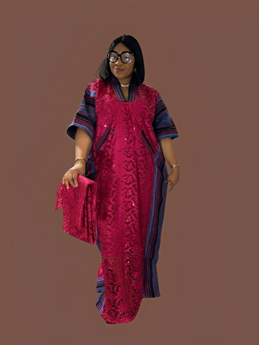 Long Lace Gown With Aso Oke
