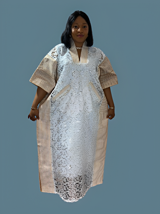 Long Lace Gown With Aso Oke