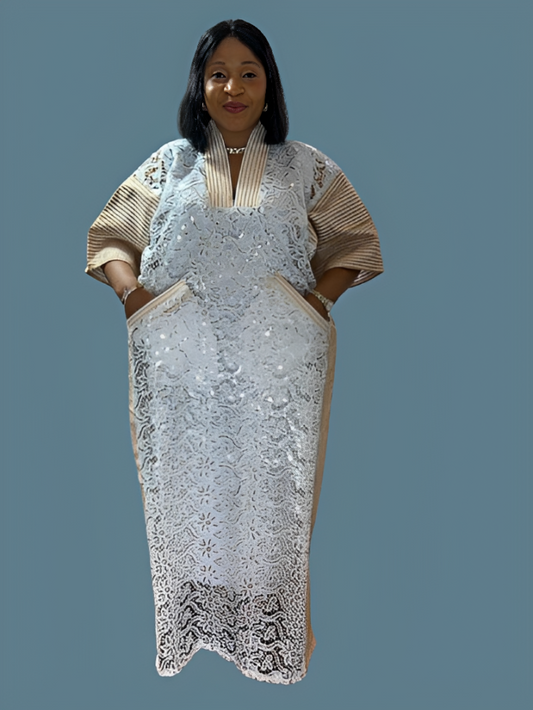 Long Lace Gown With Aso Oke