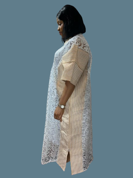 Long Lace Gown With Aso Oke