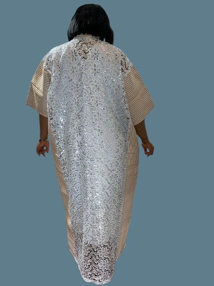 Long Lace Gown With Aso Oke