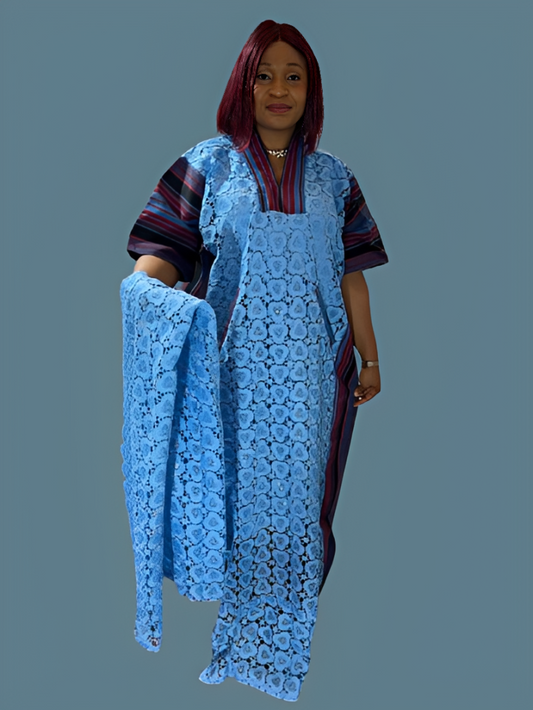 Long Lace Gown With Aso Oke