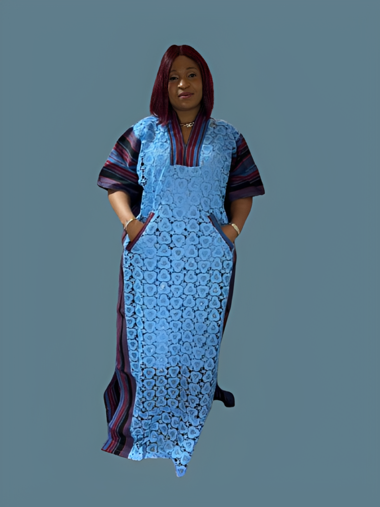 Long Lace Gown With Aso Oke