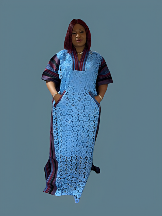 Long Lace Gown With Aso Oke